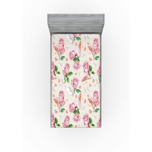 Ambesonne Floral Fitted Sheet, Romantic Concept Art Featuring Rose Flowers Hearts Leaves Valentine, Decorative Soft Fabric Bedding All-Round Elastic Pocket, Queen Size, Pastel Pink and Fern Green(Pastel Pink and Fern Green)