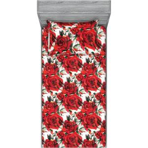 Ambesonne Floral Fitted Sheet & Pillow Sham Set, Realistic Painting Print A Million Roses to My Love Valentines Day, Decorative Printed 3 Piece Bedding Decor Set, Full, Pale Pink Dark Pink and Ecru(Dark Coral and Fern Green)