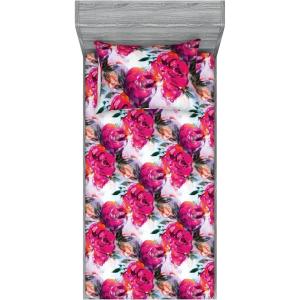 Ambesonne Floral Fitted Sheet & Pillow Sham Set, Realistic Painting Print A Million Roses to My Love Valentines Day, Decorative Printed 3 Piece Bedding Decor Set, Full, Pale Pink Dark Pink and Ecru(Magenta Army Green White)