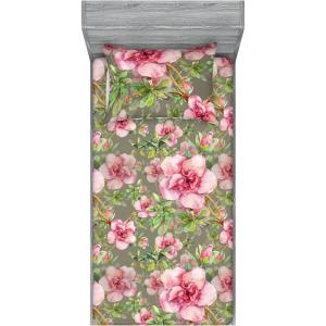 Ambesonne Floral Fitted Sheet & Pillow Sham Set, Romantic Concept Art Featuring Rose Flowers Hearts Leaves Valentine, Decorative Printed 3 Piece Bedding Decor Set, Queen, Pastel Pink and Fern Green(Dark Pink and Olive Green)