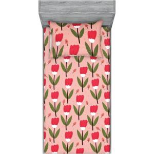 Ambesonne Floral Fitted Sheet & Pillow Sham Set, Romantic Concept Art Featuring Rose Flowers Hearts Leaves Valentine, Decorative Printed 3 Piece Bedding Decor Set, Queen, Pastel Pink and Fern Green(Red Fern Green and Blush)