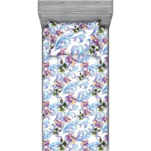 Ambesonne Floral Fitted Sheet & Pillow Sham Set, Romantic Concept Art Featuring Rose Flowers Hearts Leaves Valentine, Decorative Printed 3 Piece Bedding Decor Set, Queen, Pastel Pink and Fern Green(Pale Azure Blue Evergreen)