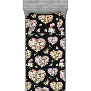 Ambesonne Floral Fitted Sheet & Pillow Sham Set, Romantic Concept Art Featuring Rose Flowers Hearts Leaves Valentine, Decorative Printed 3 Piece Bedding Decor Set, Queen, Pastel Pink and Fern Green(Sage Green and Soft Pink)