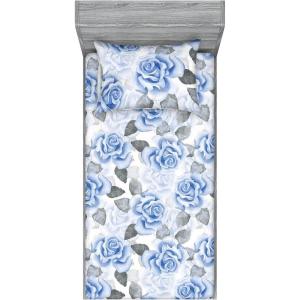 Ambesonne Floral Fitted Sheet & Pillow Sham Set, Romantic Concept Art Featuring Rose Flowers Hearts Leaves Valentine, Decorative Printed 3 Piece Bedding Decor Set, Queen, Pastel Pink and Fern Green(Pale Ceil Blue White and Grey)