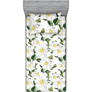 Ambesonne Floral Fitted Sheet & Pillow Sham Set, Romantic Concept Art Featuring Rose Flowers Hearts Leaves Valentine, Decorative Printed 3 Piece Bedding Decor Set, Queen, Pastel Pink and Fern Green(Reseda Green and Earth Yellow)