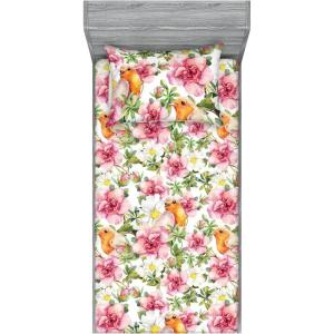 Ambesonne Floral Fitted Sheet & Pillow Sham Set, Romantic Concept Art Featuring Rose Flowers Hearts Leaves Valentine, Decorative Printed 3 Piece Bedding Decor Set, Queen, Pastel Pink and Fern Green(Pastel Pink and Pale Orange)