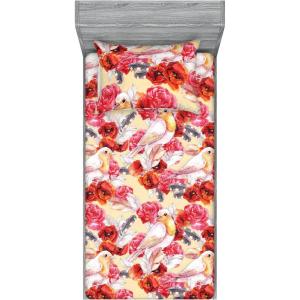 Ambesonne Floral Fitted Sheet & Pillow Sham Set, Romantic Concept Art Featuring Rose Flowers Hearts Leaves Valentine, Decorative Printed 3 Piece Bedding Decor Set, Queen, Pastel Pink and Fern Green(Dark Coral and Pale Orange)