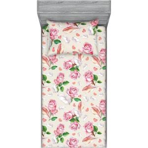 Ambesonne Floral Fitted Sheet & Pillow Sham Set, Romantic Concept Art Featuring Rose Flowers Hearts Leaves Valentine, Decorative Printed 3 Piece Bedding Decor Set, Queen, Pastel Pink and Fern Green(Pastel Pink and Fern Green)
