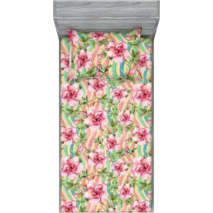 Ambesonne Floral Fitted Sheet & Pillow Sham Set, Romantic Concept Art Featuring Rose Flowers Hearts Leaves Valentine, Decorative Printed 3 Piece Bedding Decor Set, Queen, Pastel Pink and Fern Green(Pastel Pink and Olive Green)