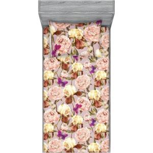 Ambesonne Floral Fitted Sheet & Pillow Sham Set, Romantic Concept Art Featuring Rose Flowers Hearts Leaves Valentine, Decorative Printed 3 Piece Bedding Decor Set, Queen, Pastel Pink and Fern Green(Pale Fuchsia Sand Brown)