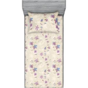 Ambesonne Floral Fitted Sheet & Pillow Sham Set, Valentine’s Day Theme Vintage Style Romantic Roses Pattern Plot, Decorative Printed 3 Piece Bedding Decor Set, King, Dark Fuchsia and Slate Blue(Pale Lavender Blue Grey)