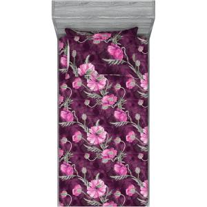 Ambesonne Floral Fitted Sheet & Pillow Sham Set, Valentine’s Day Theme Vintage Style Romantic Roses Pattern Plot, Decorative Printed 3 Piece Bedding Decor Set, King, Dark Fuchsia and Slate Blue(Dark Magenta and Purple)