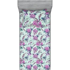 Ambesonne Floral Fitted Sheet & Pillow Sham Set, Valentine’s Day Theme Vintage Style Romantic Roses Pattern Plot, Decorative Printed 3 Piece Bedding Decor Set, King, Dark Fuchsia and Slate Blue(Pale Purple Grey Teal)