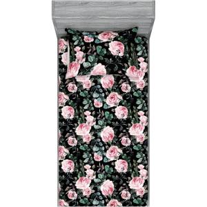 Ambesonne Floral Fitted Sheet & Pillow Sham Set, Valentine’s Day Theme Vintage Style Romantic Roses Pattern Plot, Decorative Printed 3 Piece Bedding Decor Set, King, Dark Fuchsia and Slate Blue(Soft Pink and Hunter Green)