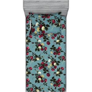 Ambesonne Floral Fitted Sheet & Pillow Sham Set, Valentine’s Day Theme Vintage Style Romantic Roses Pattern Plot, Decorative Printed 3 Piece Bedding Decor Set, King, Dark Fuchsia and Slate Blue(Dark Fuchsia and Slate Blue)