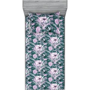 Ambesonne Floral Fitted Sheet & Pillow Sham Set, Valentine’s Day Theme Vintage Style Romantic Roses Pattern Plot, Decorative Printed 3 Piece Bedding Decor Set, King, Dark Fuchsia and Slate Blue(Dark Teal and Soft Pink)