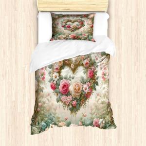 Ambesonne Floral Heart Duvet Cover Set, Tenderness of Romantic Garden Ivy Branches and Roses Valentines Day, Decorative 3 Piece Bedding Set with 2 Pillow Shams, Queen Size, Laurel Green and Pink(Laurel Green and Pink)