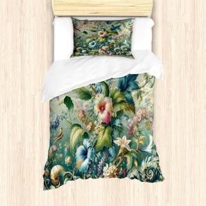 Ambesonne Floral Heart Duvet Cover Set, Tenderness of Romantic Garden Ivy Branches and Roses Valentines Day, Decorative 3 Piece Bedding Set with 2 Pillow Shams, Queen Size, Laurel Green and Pink(Green Multicolor)