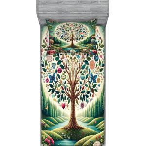 Ambesonne Floral Heart Fitted Sheet & Pillow Sham Set, Tenderness of Romantic Garden Ivy Branches and Roses Valentines Day, Decorative Printed 3 Piece Bedding Decor Set, Calking, Laurel Green and Pink(Green Blue and Pink)