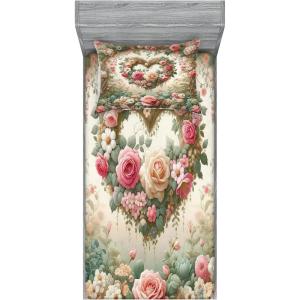 Ambesonne Floral Heart Fitted Sheet & Pillow Sham Set, Tenderness of Romantic Garden Ivy Branches and Roses Valentines Day, Decorative Printed 3 Piece Bedding Decor Set, Calking, Laurel Green and Pink(Laurel Green and Pink)