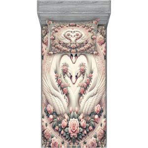 Ambesonne Floral Heart Fitted Sheet & Pillow Sham Set, Tenderness of Romantic Garden Ivy Branches and Roses Valentines Day, Decorative Printed 3 Piece Bedding Decor Set, Calking, Laurel Green and Pink(Pale Pink Pale Cadet Blue)