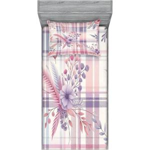 Ambesonne Floral Heart Fitted Sheet & Pillow Sham Set, Tenderness of Romantic Garden Ivy Branches and Roses Valentines Day, Decorative Printed 3 Piece Bedding Decor Set, Calking, Laurel Green and Pink(Lilac and Pale Pink)