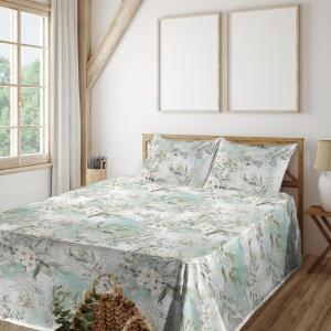 Ambesonne Spring Floral Sheet Set, Valentine’s Day Concept Romantic Garden Flowers with Leaves Greenery, Fitted and Flat Sheet with Pillowcases Bedding Accent 4 Piece Set, Queen, Seafoam Peach White(Eggshell Mint Green)