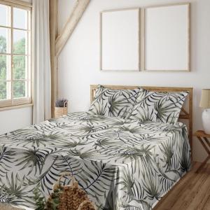 Ambesonne Spring Floral Sheet Set, Valentine’s Day Concept Romantic Garden Flowers with Leaves Greenery, Fitted and Flat Sheet with Pillowcases Bedding Accent 4 Piece Set, Queen, Seafoam Peach White(Sage Green and Grey Yellow)