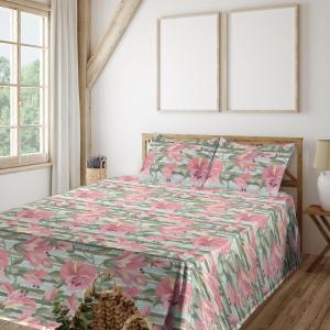 Ambesonne Spring Floral Sheet Set, Valentine’s Day Concept Romantic Garden Flowers with Leaves Greenery, Fitted and Flat Sheet with Pillowcases Bedding Accent 4 Piece Set, Queen, Seafoam Peach White(Peacock Green Pastel Pink)