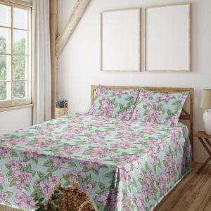 Ambesonne Spring Floral Sheet Set, Valentine’s Day Concept Romantic Garden Flowers with Leaves Greenery, Fitted and Flat Sheet with Pillowcases Bedding Accent 4 Piece Set, Queen, Seafoam Peach White(Pale Fuchsia Fern Green)