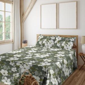Ambesonne Spring Floral Sheet Set, Valentine’s Day Concept Romantic Garden Flowers with Leaves Greenery, Fitted and Flat Sheet with Pillowcases Bedding Accent 4 Piece Set, Queen, Seafoam Peach White(Off White Peacock Green)