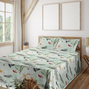 Ambesonne Spring Floral Sheet Set, Valentine’s Day Concept Romantic Garden Flowers with Leaves Greenery, Fitted and Flat Sheet with Pillowcases Bedding Accent 4 Piece Set, Queen, Seafoam Peach White(Almond Green Laurel Green)
