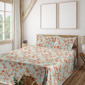 Ambesonne Spring Floral Sheet Set, Valentine’s Day Concept Romantic Garden Flowers with Leaves Greenery, Fitted and Flat Sheet with Pillowcases Bedding Accent 4 Piece Set, Queen, Seafoam Peach White(Mint Green Burnt Sienna)