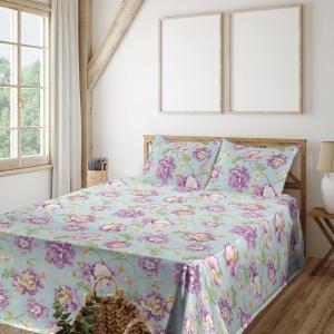 Ambesonne Spring Floral Sheet Set, Valentine’s Day Concept Romantic Garden Flowers with Leaves Greenery, Fitted and Flat Sheet with Pillowcases Bedding Accent 4 Piece Set, Queen, Seafoam Peach White(Pale Eggplant Green)