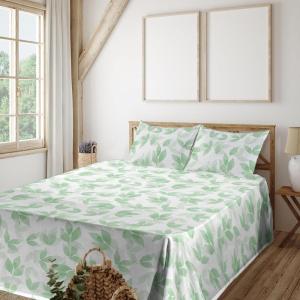 Ambesonne Spring Floral Sheet Set, Valentine’s Day Concept Romantic Garden Flowers with Leaves Greenery, Fitted and Flat Sheet with Pillowcases Bedding Accent 4 Piece Set, Queen, Seafoam Peach White(Fern Green White)