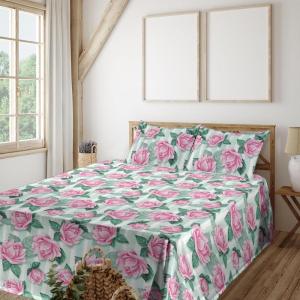 Ambesonne Spring Floral Sheet Set, Valentine’s Day Concept Romantic Garden Flowers with Leaves Greenery, Fitted and Flat Sheet with Pillowcases Bedding Accent 4 Piece Set, Queen, Seafoam Peach White(Pastel Pink Jade Green)