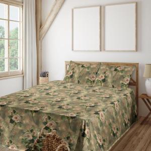 Ambesonne Spring Floral Sheet Set, Valentine’s Day Concept Romantic Garden Flowers with Leaves Greenery, Fitted and Flat Sheet with Pillowcases Bedding Accent 4 Piece Set, Queen, Seafoam Peach White(Khaki Blush and Green)