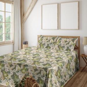 Ambesonne Spring Floral Sheet Set, Valentine’s Day Concept Romantic Garden Flowers with Leaves Greenery, Fitted and Flat Sheet with Pillowcases Bedding Accent 4 Piece Set, Queen, Seafoam Peach White(Apple Green Champagne)