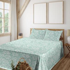 Ambesonne Spring Floral Sheet Set, Valentine’s Day Concept Romantic Garden Flowers with Leaves Greenery, Fitted and Flat Sheet with Pillowcases Bedding Accent 4 Piece Set, Queen, Seafoam Peach White(Almond Green White)