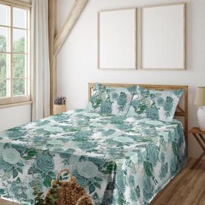 Ambesonne Spring Floral Sheet Set, Valentine’s Day Concept Romantic Garden Flowers with Leaves Greenery, Fitted and Flat Sheet with Pillowcases Bedding Accent 4 Piece Set, Queen, Seafoam Peach White(Sea Green Mint Green)