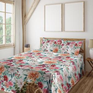 Ambesonne Spring Floral Sheet Set, Valentine’s Day Concept Romantic Garden Flowers with Leaves Greenery, Fitted and Flat Sheet with Pillowcases Bedding Accent 4 Piece Set, Queen, Seafoam Peach White(Jade Green Burnt Sienna)