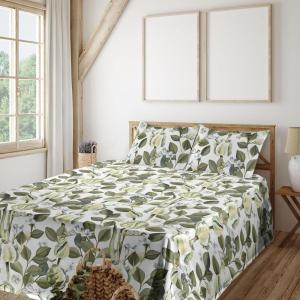 Ambesonne Spring Floral Sheet Set, Valentine’s Day Concept Romantic Garden Flowers with Leaves Greenery, Fitted and Flat Sheet with Pillowcases Bedding Accent 4 Piece Set, Queen, Seafoam Peach White(Pistachio Green and White)