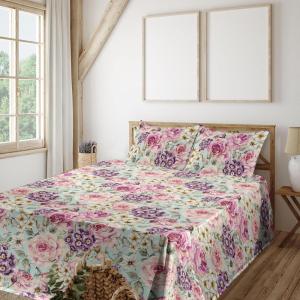 Ambesonne Spring Floral Sheet Set, Valentine’s Day Concept Romantic Garden Flowers with Leaves Greenery, Fitted and Flat Sheet with Pillowcases Bedding Accent 4 Piece Set, Queen, Seafoam Peach White(Eggplant Earth Yellow)