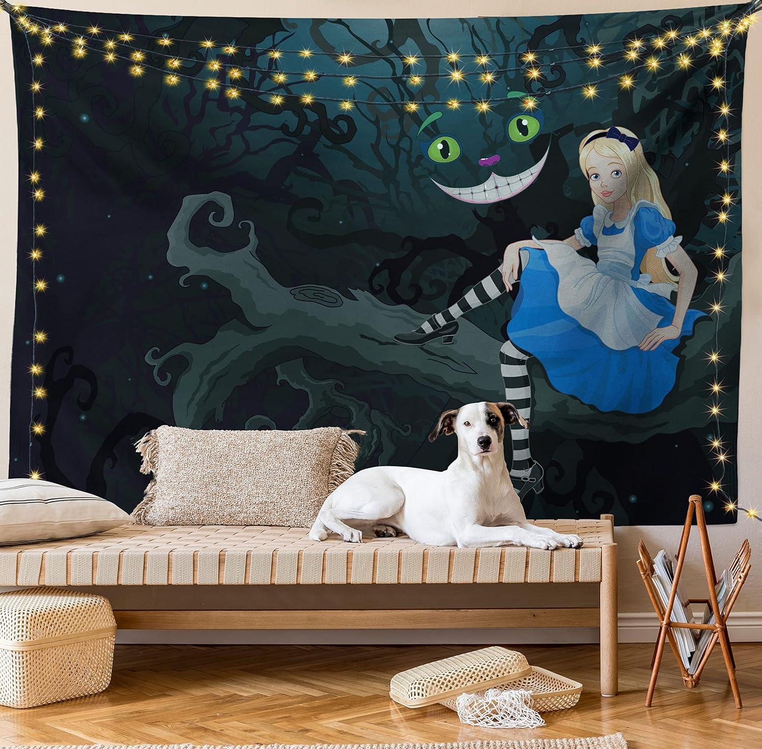 imageAmbesonne Alice in Wonderland Tapestry King Size Alice Sitting on Branch and Chescire Cat in Darkness Cartoon Style Wall Hanging Bedspread Bed Cover Wall Decor 104 X 88 Dark Green