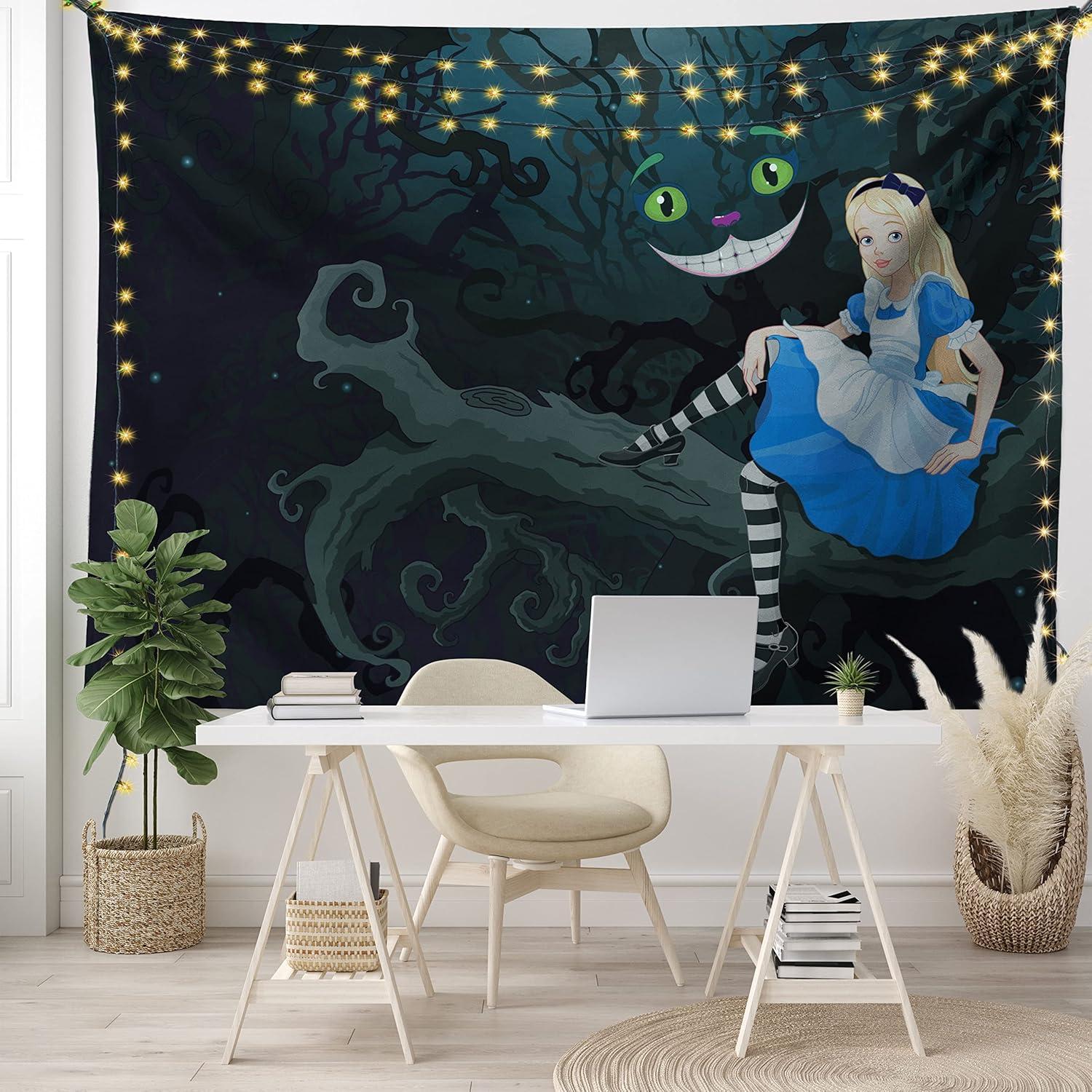 imageAmbesonne Alice in Wonderland Tapestry King Size Alice Sitting on Branch and Chescire Cat in Darkness Cartoon Style Wall Hanging Bedspread Bed Cover Wall Decor 104 X 88 Dark Green