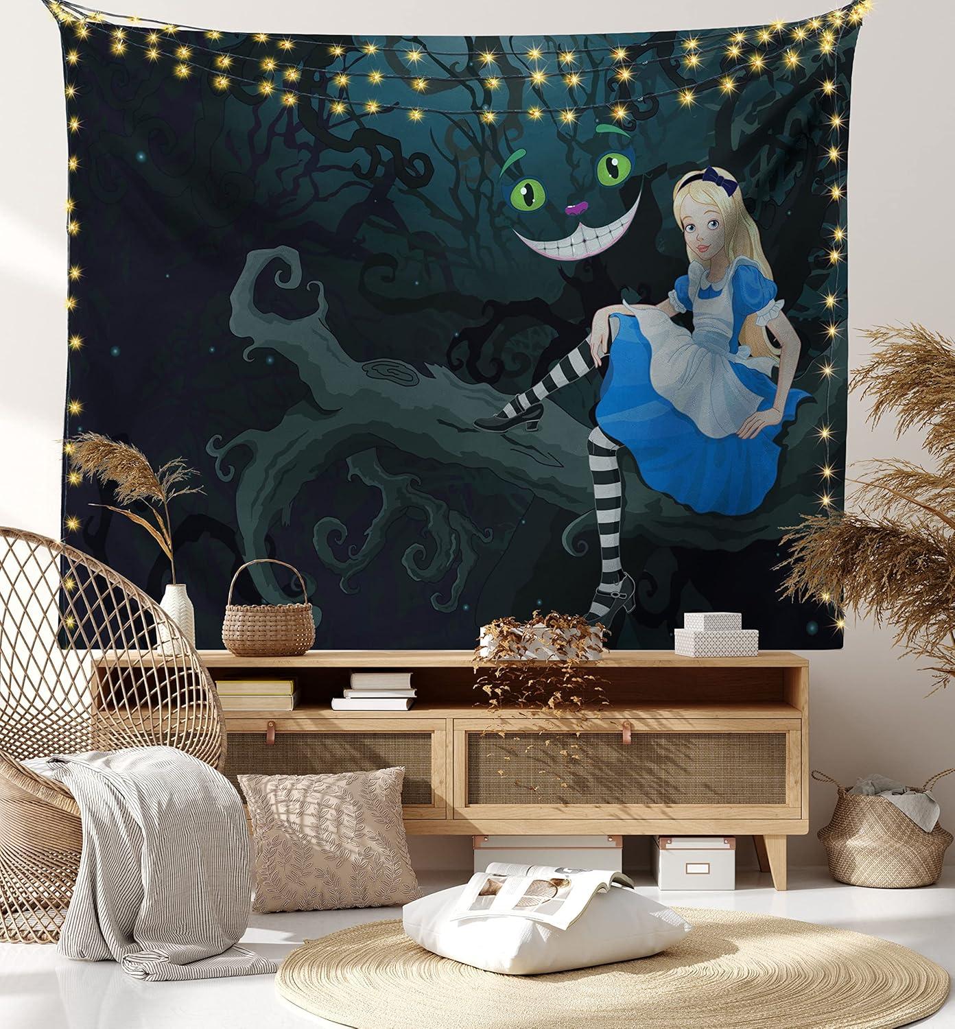 imageAmbesonne Alice in Wonderland Tapestry King Size Alice Sitting on Branch and Chescire Cat in Darkness Cartoon Style Wall Hanging Bedspread Bed Cover Wall Decor 104 X 88 Dark Green