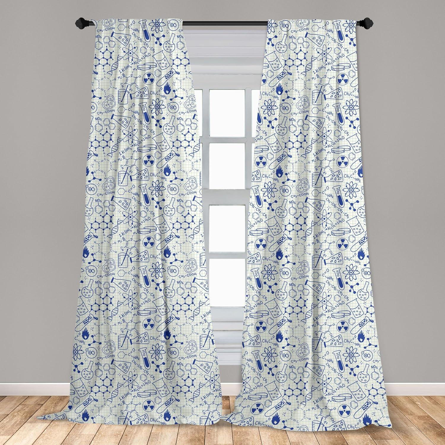 imageAmbesonne Cartoon 2 Panel Curtain Set Science Chemistry Geometry Math Nerd Geek and Genius Themed Design Art Window Treatment Living Room Bedroom Decor Pair of 28 x 84 Blue and Ivory