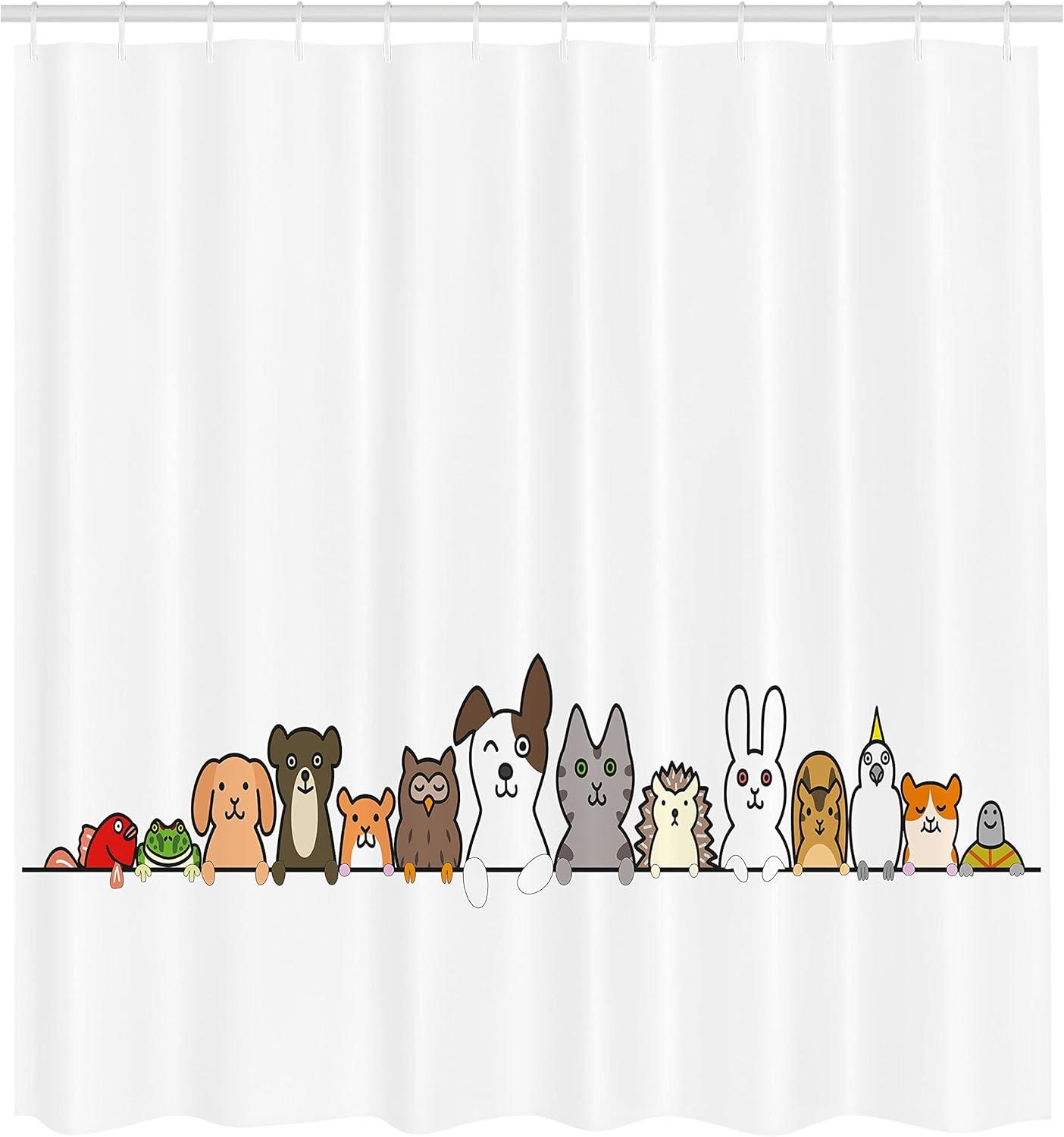 imageAmbesonne Cartoon Shower Curtain Domestic Pets Various Animals with Funny Expressions Humorous Cartoon Style Cloth Fabric Bathroom Decor Set with Hooks 69 W x 75 L Grey Salmon