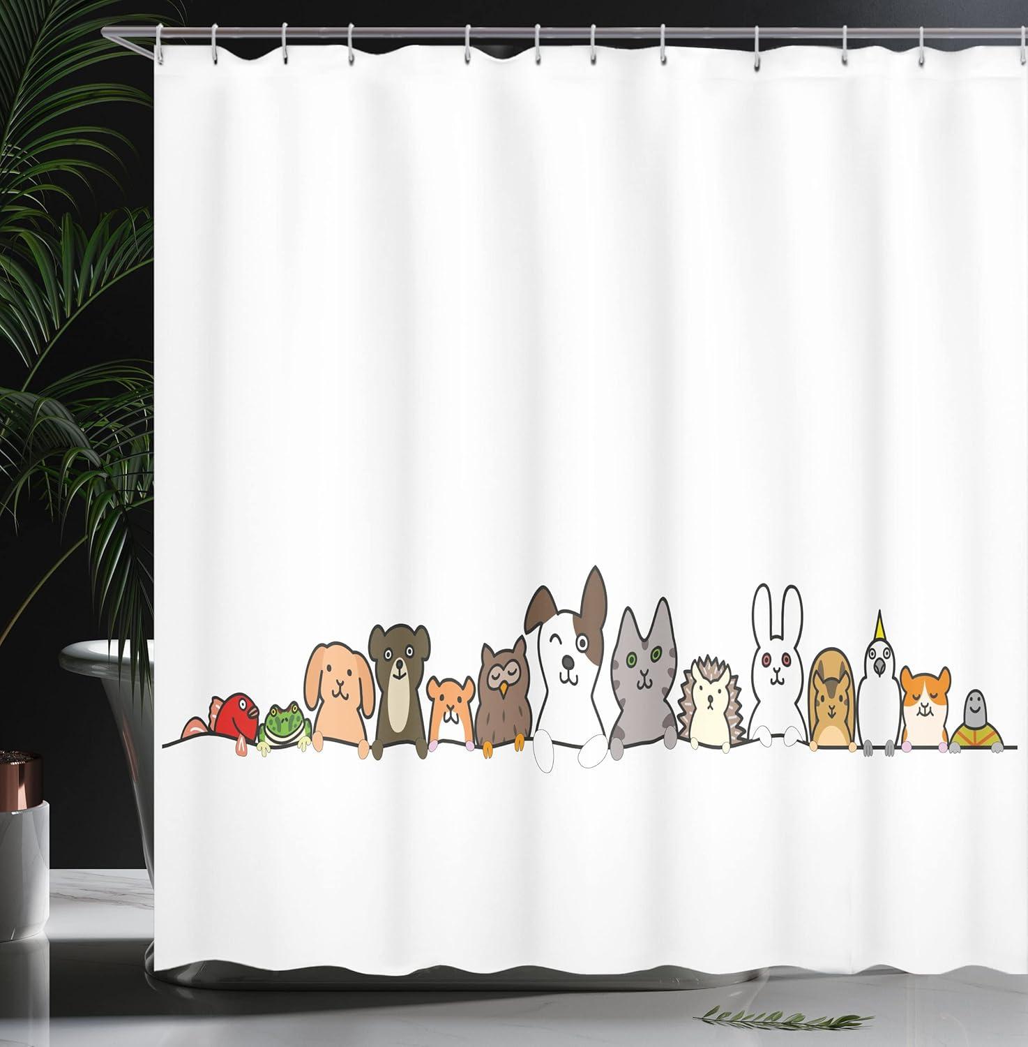 imageAmbesonne Cartoon Shower Curtain Domestic Pets Various Animals with Funny Expressions Humorous Cartoon Style Cloth Fabric Bathroom Decor Set with Hooks 69 W x 75 L Grey Salmon