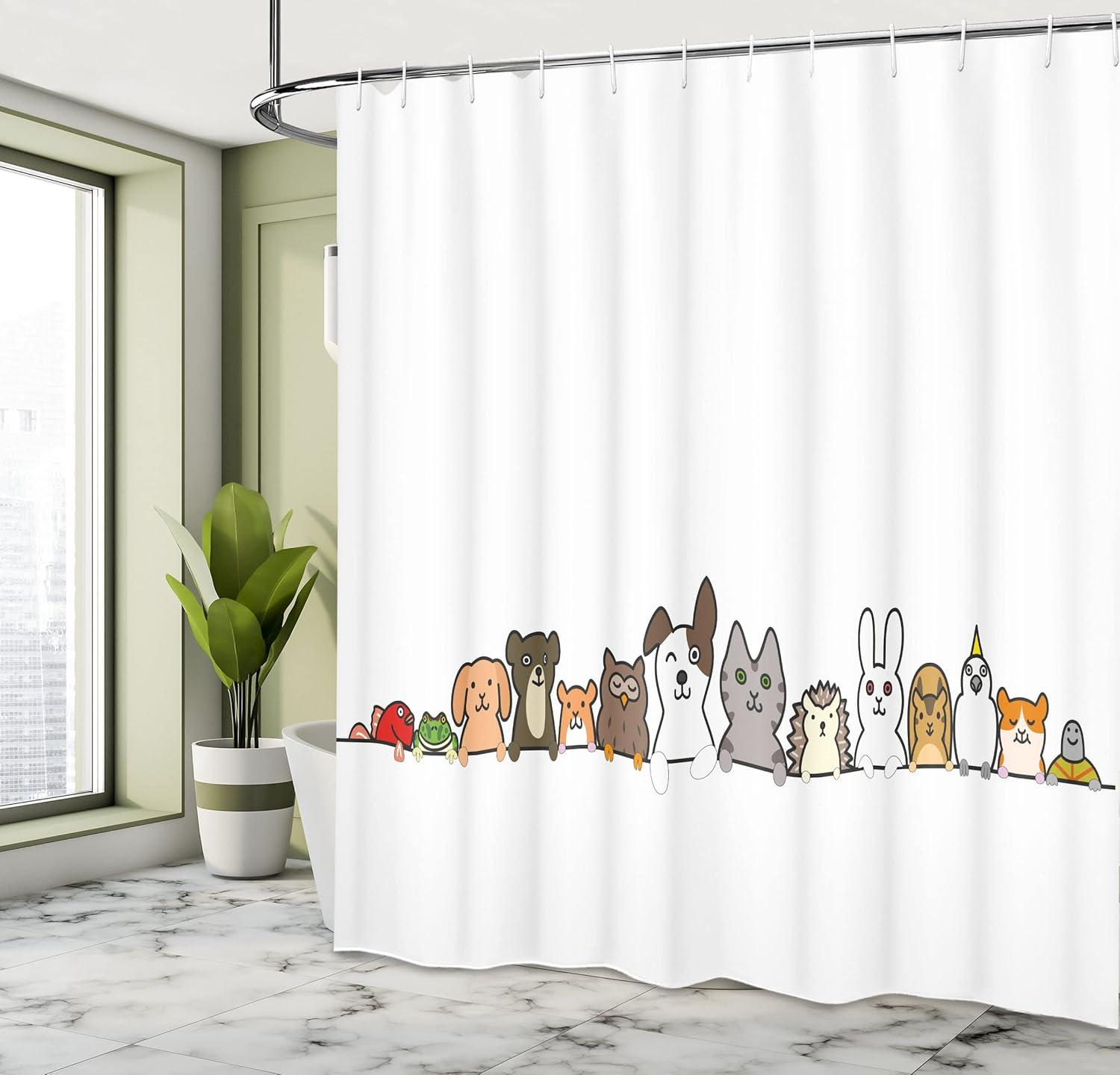 imageAmbesonne Cartoon Shower Curtain Domestic Pets Various Animals with Funny Expressions Humorous Cartoon Style Cloth Fabric Bathroom Decor Set with Hooks 69 W x 75 L Grey Salmon